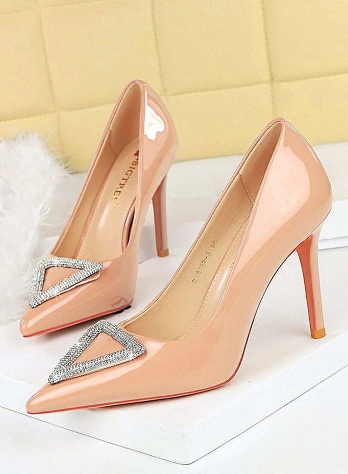 بيج تري مضخات ستيليتو النسائية أشارت إلى إصبع القدم المغلق الكعب العالي مع الديكور الراينست لون عاري 10 سم - Image 1