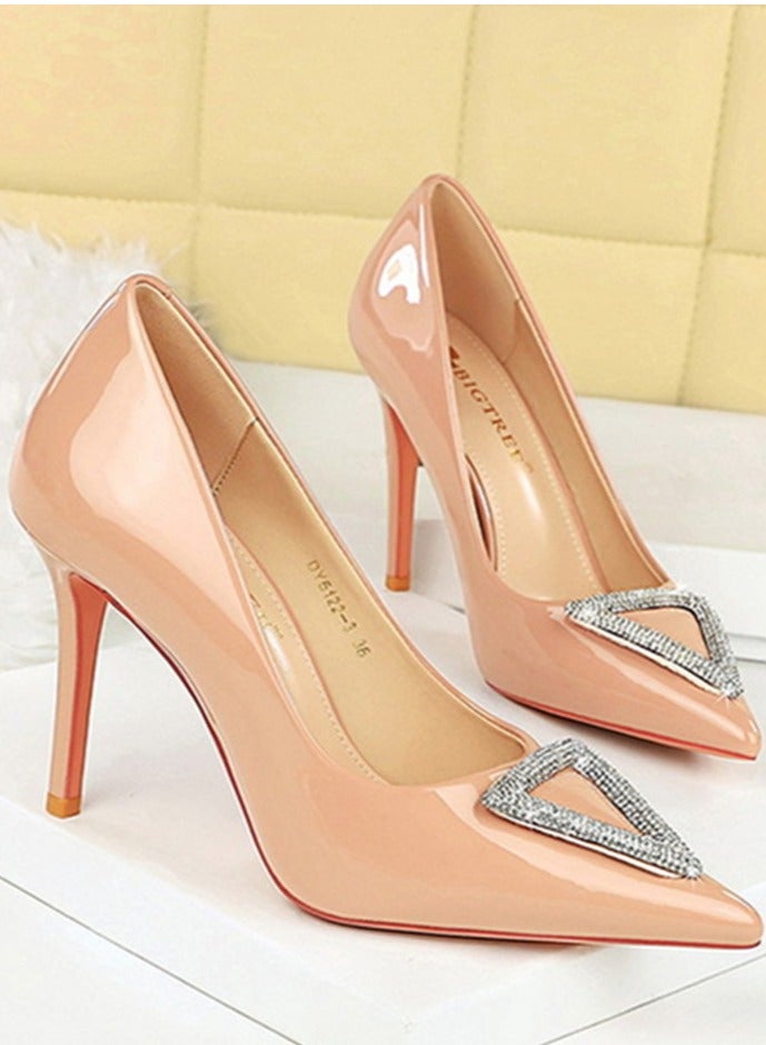 بيج تري مضخات ستيليتو النسائية أشارت إلى إصبع القدم المغلق الكعب العالي مع الديكور الراينست لون عاري 10 سم - Image 2