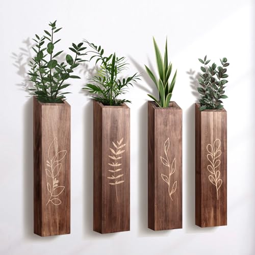 BOTOP 4 Pack Wood Indoor Wall Planter, Modern Boho Wall Decor for Living Room Bedroom, Farmhouse Pocket Vases for Dried Flowers and Faux Greenery Plants - Brown - Image 1