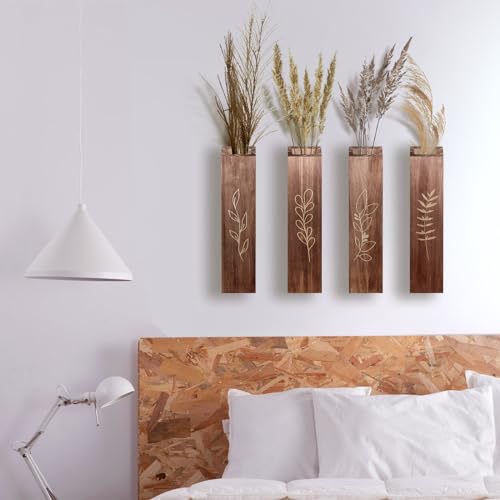 BOTOP 4 Pack Wood Indoor Wall Planter, Modern Boho Wall Decor for Living Room Bedroom, Farmhouse Pocket Vases for Dried Flowers and Faux Greenery Plants - Brown - Image 4