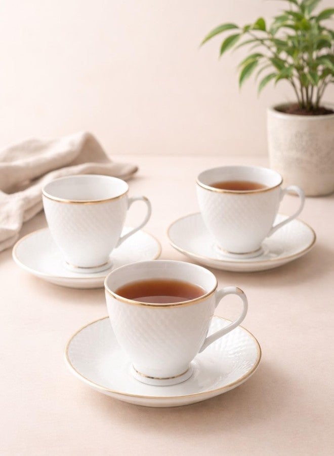 Femora Ceramic Gold Line Diamond Cut White Cup 6 Pcs with Saucer Set of 6 Pcs Tea/Coffee Cups 200 ml |Microwave & Dishwasher Safe Crockery Set Ideal for Daily Use & Gifting, White - Image 2