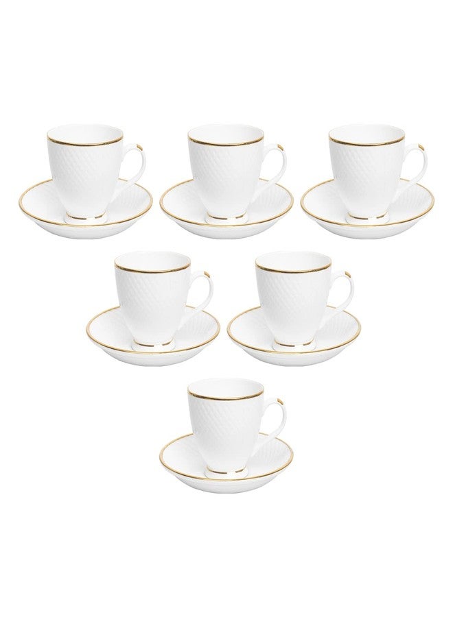 Femora Ceramic Gold Line Diamond Cut White Cup 6 Pcs with Saucer Set of 6 Pcs Tea/Coffee Cups 200 ml |Microwave & Dishwasher Safe Crockery Set Ideal for Daily Use & Gifting, White - Image 4