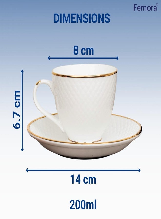 Femora Ceramic Gold Line Diamond Cut White Cup 6 Pcs with Saucer Set of 6 Pcs Tea/Coffee Cups 200 ml |Microwave & Dishwasher Safe Crockery Set Ideal for Daily Use & Gifting, White - Image 3