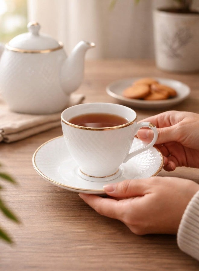 Femora Ceramic Gold Line Diamond Cut White Cup 6 Pcs with Saucer Set of 6 Pcs Tea/Coffee Cups 200 ml |Microwave & Dishwasher Safe Crockery Set Ideal for Daily Use & Gifting, White - Image 5