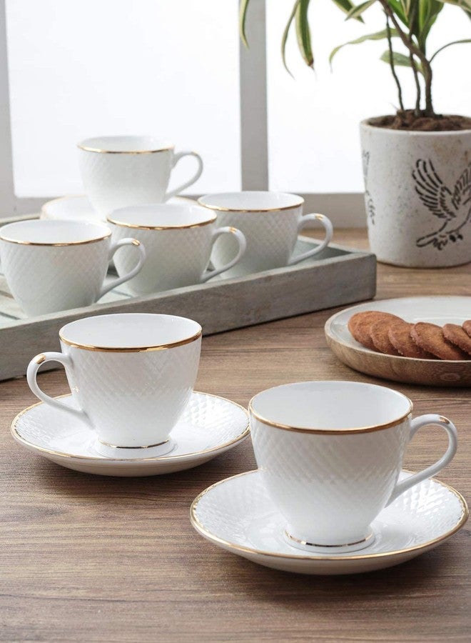 Femora Ceramic Gold Line Diamond Cut White Cup 6 Pcs with Saucer Set of 6 Pcs Tea/Coffee Cups 200 ml |Microwave & Dishwasher Safe Crockery Set Ideal for Daily Use & Gifting, White - Image 1