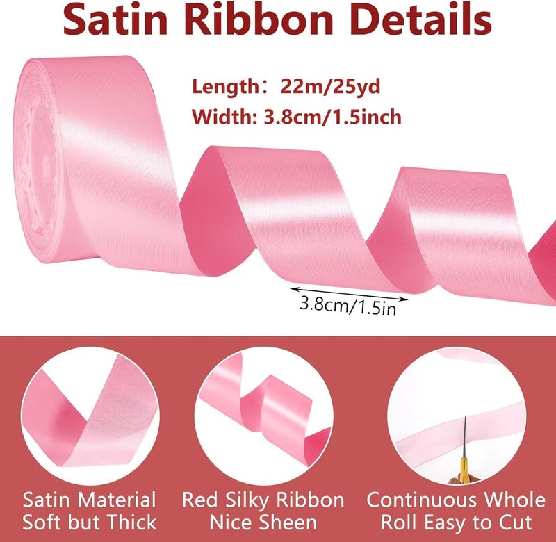 HZYH 2 Rolls Solid Pink Satin Ribbon, 1-1/2 Inch x 25 Yards, Thick Ribbon for Gift Wrapping, Flower Bouquets, Bows, Wedding & Party Decorations, DIY Crafts - Image 2