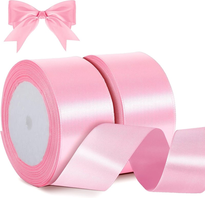 HZYH 2 Rolls Solid Pink Satin Ribbon, 1-1/2 Inch x 25 Yards, Thick Ribbon for Gift Wrapping, Flower Bouquets, Bows, Wedding & Party Decorations, DIY Crafts - Image 1