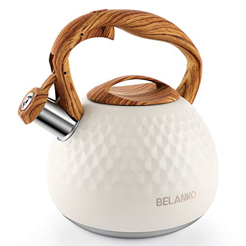 BELANKO 2.7 Quart Tea Kettle for Stovetop - Food Grade Stainless Steel with Diamond Texture, Designer Teapot Look, Cool-Touch Wood Pattern Handle, Whistling Spout - Milk White - Image 1