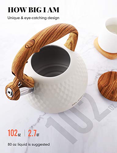 BELANKO 2.7 Quart Tea Kettle for Stovetop - Food Grade Stainless Steel with Diamond Texture, Designer Teapot Look, Cool-Touch Wood Pattern Handle, Whistling Spout - Milk White - Image 3