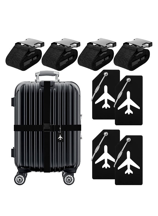 Luggage Straps Set, 4pcs Travel Suitcase Straps with 4pcs Silicone Luggage Tags, Adjustable Suitcase Belts, Suitcase Tags with Name ID Card for Luggage Suitcase Travel Accessories Black - Image 1