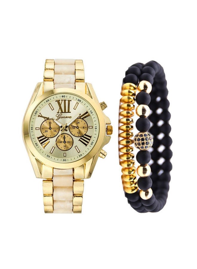 NIBEMINENT Men's 3-Piece Fashion Vintage Color Block Band Quartz With 2-PieceBracelet Set 7246