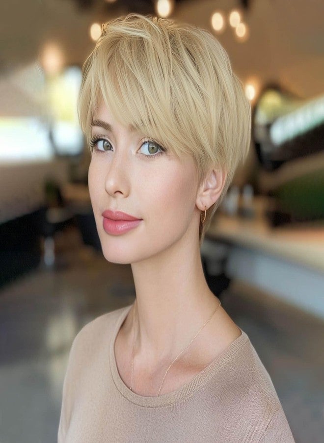 Creamily Short Blonde Pixie Cut Wigs with Bangs Synthetic Hair Wigs for White Women Hair Replacement Wig Old Lady Mommy Wig Short Hair Styles for Women Halloween Costume - Image 1