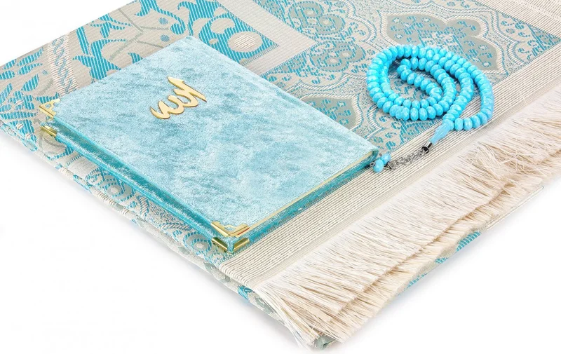İhvan Online Ihvan Online Velvet Book of Yasin Bag Size Prayer Rug with Tasbih Boxed Blue
