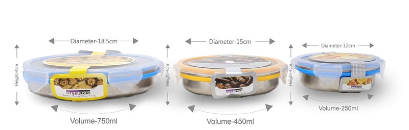 STEELLOCK Stainless Steel Airtight Container| Leak Proof Tiffin Lunch & Storage Boxes | SL-1300,1400,1500-set of 3, 250ml, 450ml & 750ml each, Multicolor - Image 3