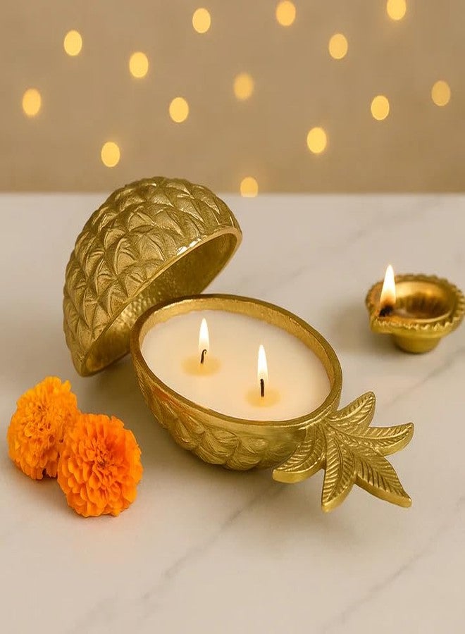 CORAL TREE Coral Tree Pineapple Shaped Decorative Candle Holder with Lid - Gold Finish, 2-Wick Wax Candle - Image 3