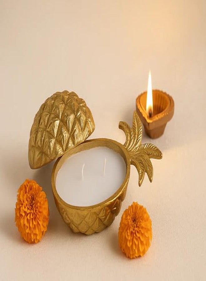 CORAL TREE Coral Tree Pineapple Shaped Decorative Candle Holder with Lid - Gold Finish, 2-Wick Wax Candle - Image 1