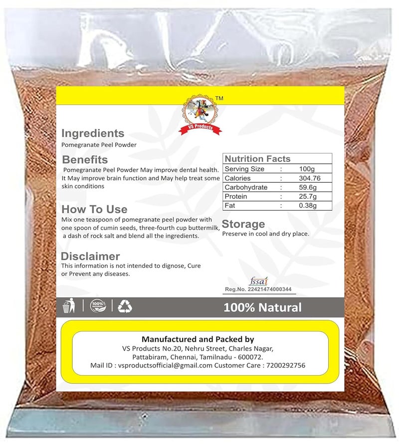 VS Products Pomegranate Peel Powder 600g Madhulai Anardana Powder For Face Skin Hair Anar Chilka Powder 600g pack of 6 x 100g - Image 2