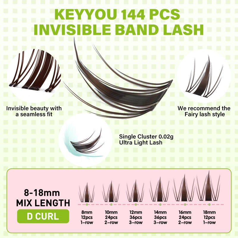 KEYYOU Fairy Brown Lash Clusters Eyelash Extension D Curl 144Pcs Eyelash Extension Wispy Natural Invisible Band Lash with Waterproof DIY Lash Extension at Home(Fairy Brown-D-8-18MIX) - Image 2