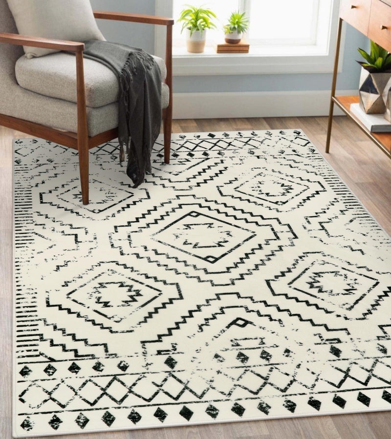 Wonnitar Moroccan 4x6 Area Rug, White Boho Rugs for Living Room, Washable Soft Large Rug for Bedroom,Non-Slip Geometric Throw Carpet, Low Pile Accent Mat for Nursery Bedside Dorm (Beige,4'x6') - Image 1