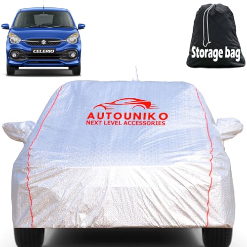 AUTOUNIKO Waterproof Car Body Cover Compatible with Maruti Celerio with Mirror and Antena Pocket and Soft Cotton Lining (Fully Bottom Elastic Triple Stitched) (Metallic Silver with Red Piping) - Image 1