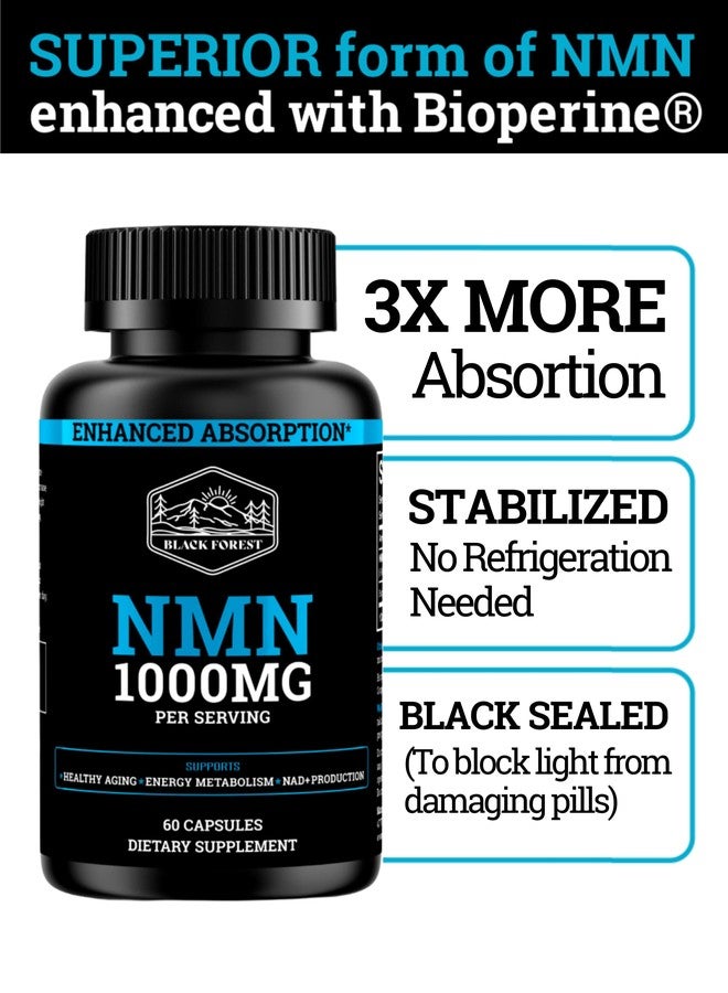 Black Forest NMN Supplements 1000mg (Nicotinamide Mononucleotide) 99% Pure, Stabilized Form, BioPerine® for Enhanced Bioavailability (60 Capsules) (NMN 1000mg per Serving) NAD Supplement for NAD - Image 2