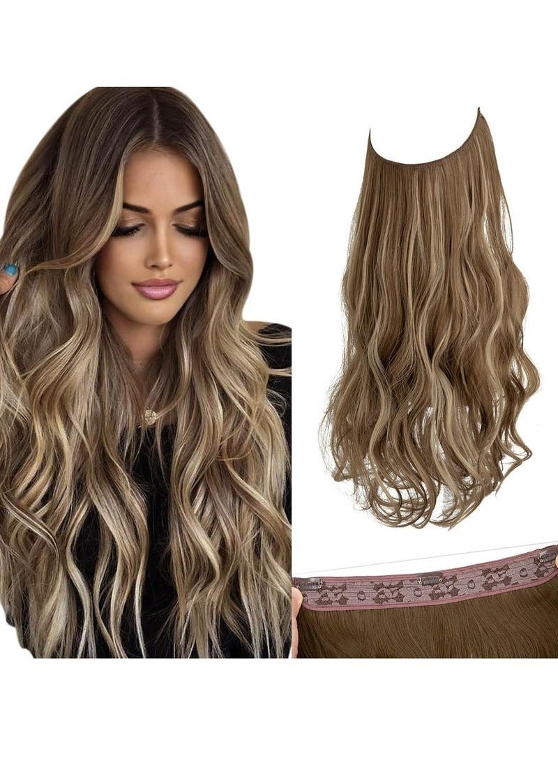 RATSAW Wavy Curly Highlight Hair Extension Synthetic Invisible Wire Hairpiece Short 14 Inch Adjustable Headband for Women High Temperature Fiber No Clip - Image 1