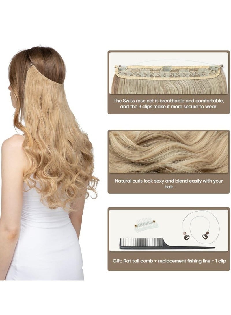RATSAW Wavy Curly Highlight Hair Extension Synthetic Invisible Wire Hairpiece Short 14 Inch Adjustable Headband for Women High Temperature Fiber No Clip - Image 4