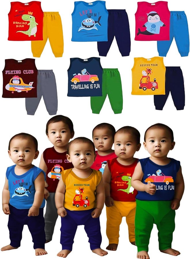 Toddylon Baby Boys & Baby Girls Clothing Sets Cotton Printed Round Neck Sleeveless T-shirt & Full Length Pants Summer Tshirts & Joggers (Pack of 6, 18-24 Months) - Image 1