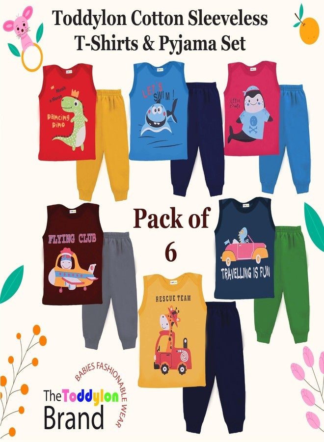 Toddylon Baby Boys & Baby Girls Clothing Sets Cotton Printed Round Neck Sleeveless T-shirt & Full Length Pants Summer Tshirts & Joggers (Pack of 6, 18-24 Months) - Image 5