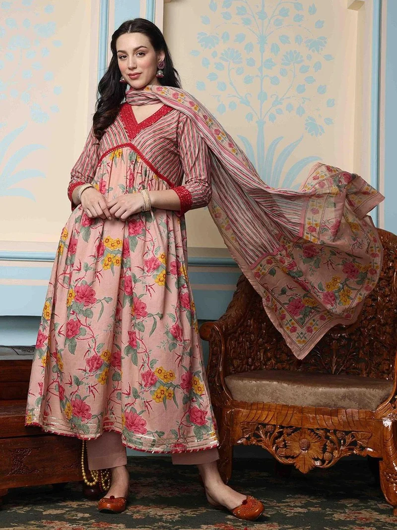 Ishin Floral Print Kurta with Trousers and Dupatta Set