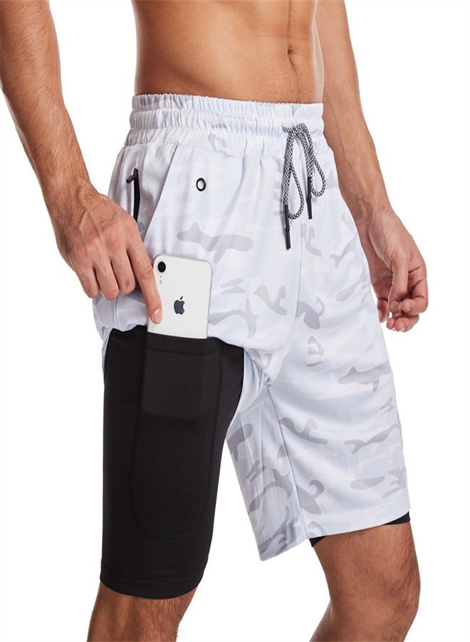 Loquat Men's 2-in-1 Quick Drying Casual Fitness Shorts White Camouflage  - Image 1