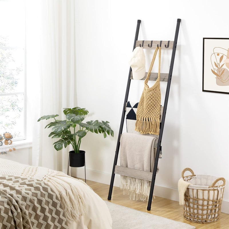 HOOBRO Blanket Ladder, 5-Tier Towel Rack with Hooks, Wall-Leaning Blanket Rack, Decorative Display Ladder Shelf, Scarves, Industrial, Living Room, Bedroom, Greige and Black BG52CJ01 - Image 5