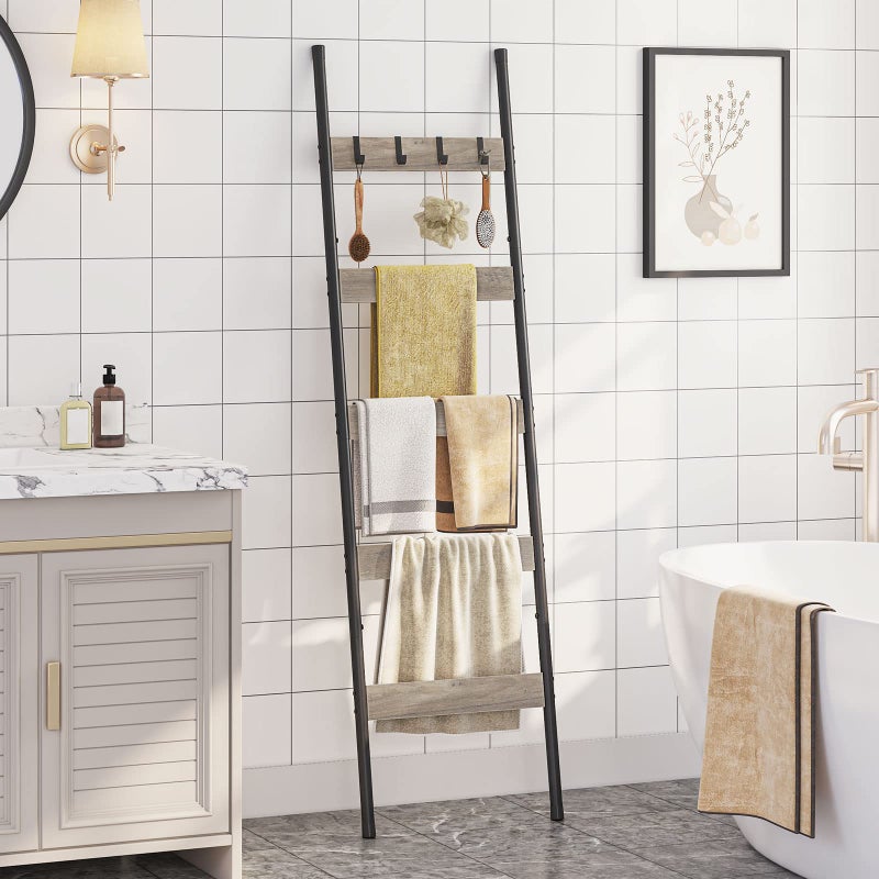 HOOBRO Blanket Ladder, 5-Tier Towel Rack with Hooks, Wall-Leaning Blanket Rack, Decorative Display Ladder Shelf, Scarves, Industrial, Living Room, Bedroom, Greige and Black BG52CJ01 - Image 2
