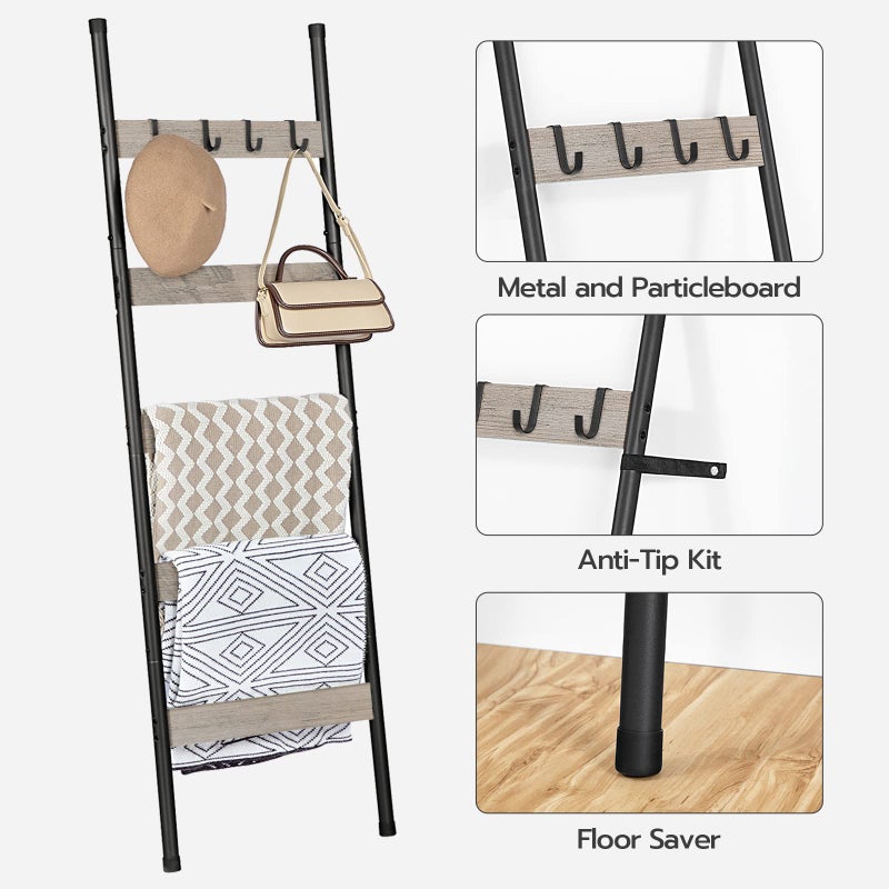 HOOBRO Blanket Ladder, 5-Tier Towel Rack with Hooks, Wall-Leaning Blanket Rack, Decorative Display Ladder Shelf, Scarves, Industrial, Living Room, Bedroom, Greige and Black BG52CJ01 - Image 4