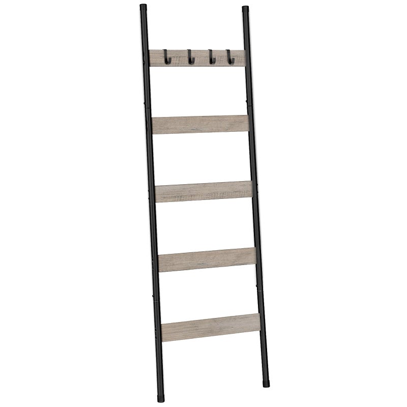HOOBRO Blanket Ladder, 5-Tier Towel Rack with Hooks, Wall-Leaning Blanket Rack, Decorative Display Ladder Shelf, Scarves, Industrial, Living Room, Bedroom, Greige and Black BG52CJ01 - Image 1