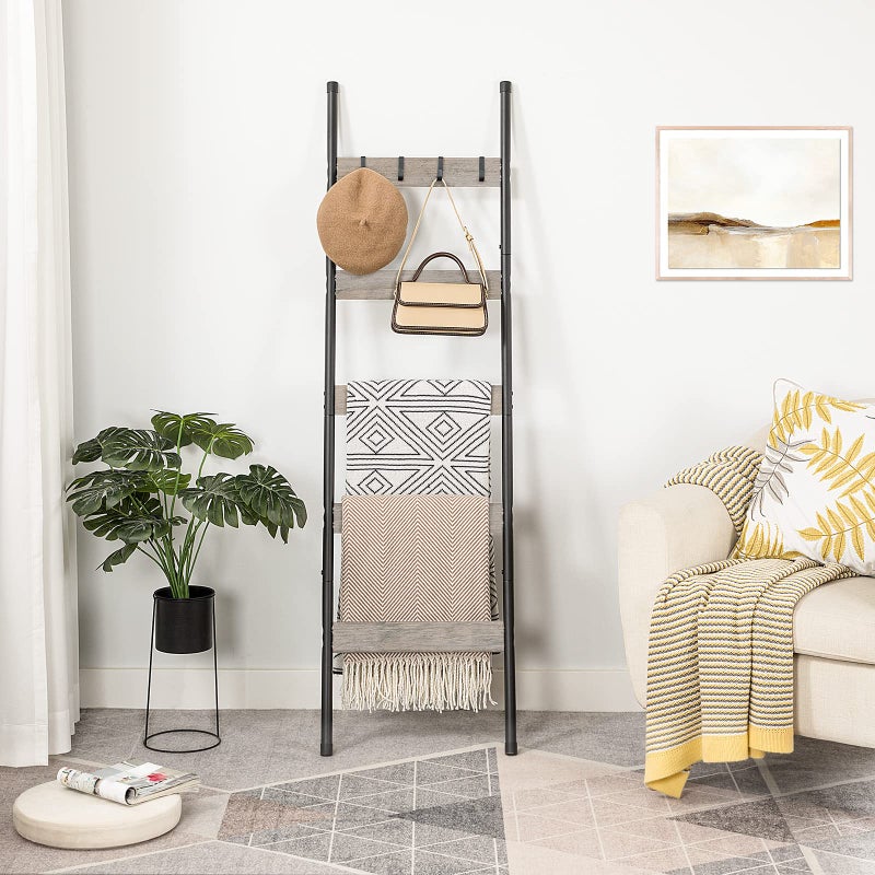 HOOBRO Blanket Ladder, 5-Tier Towel Rack with Hooks, Wall-Leaning Blanket Rack, Decorative Display Ladder Shelf, Scarves, Industrial, Living Room, Bedroom, Greige and Black BG52CJ01 - Image 3