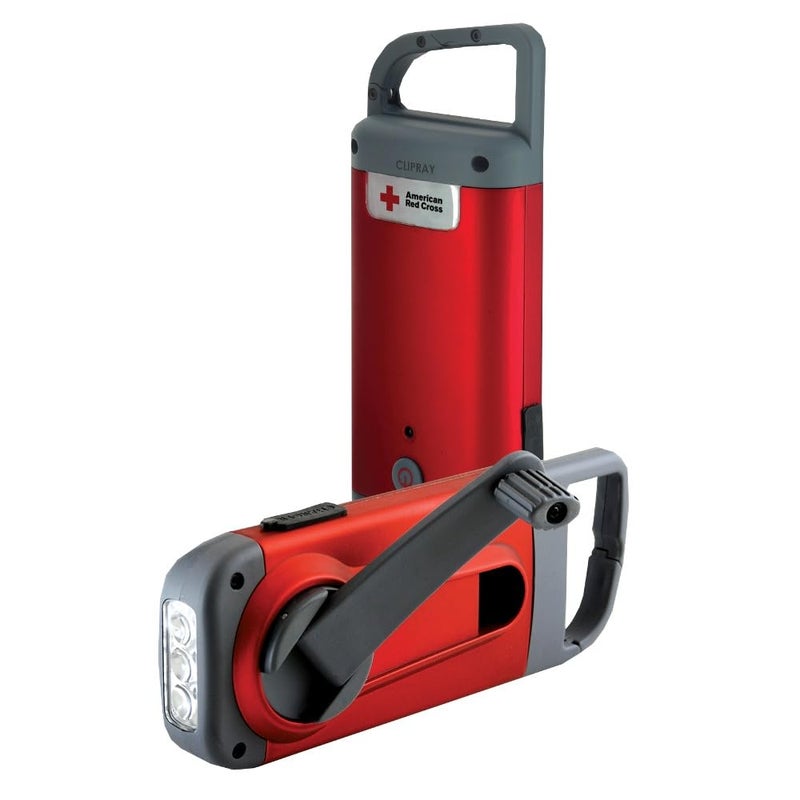 Eton American Red Cross Crank-Powered Clipray Clip-On Flashlight & Smartphone Charger, Hand Crank, Cherry Red, Commitment to Preparedness - Image 1