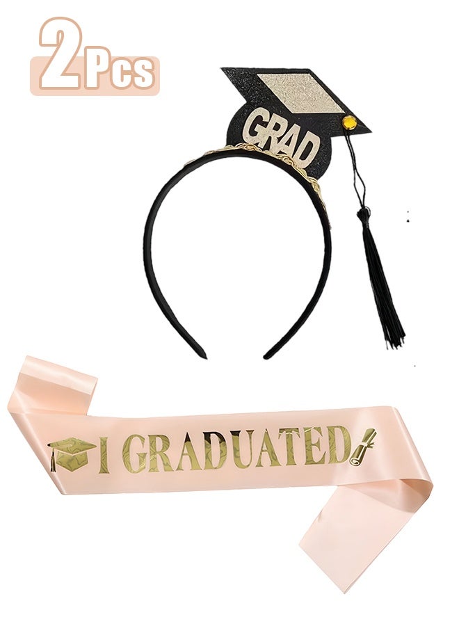 Graduation Sash 2 Piece Set Includes Graduation Cap and Sash Headpiece in Pink and Gold for Graduation Parties - Image 1