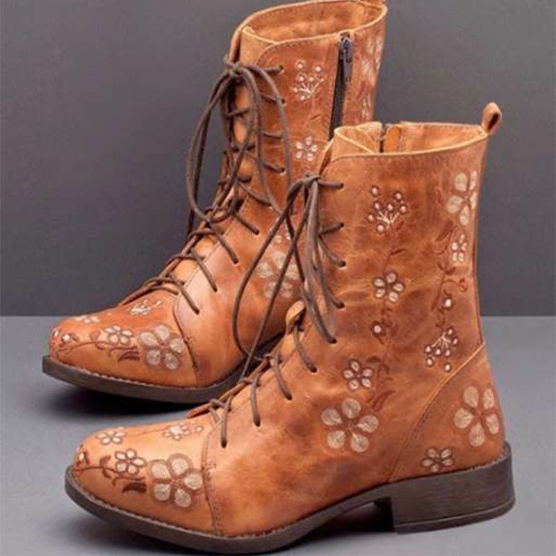 Independent Station Foreign Trade European and American Retro Printed Embroidered Martin Boots Women's Color-matching Single Boots Fashion Ethnic Style Short Boots - Image 5