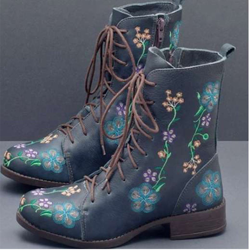 Independent Station Foreign Trade European and American Retro Printed Embroidered Martin Boots Women's Color-matching Single Boots Fashion Ethnic Style Short Boots - Image 4
