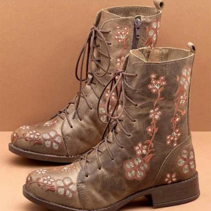 Independent Station Foreign Trade European and American Retro Printed Embroidered Martin Boots Women's Color-matching Single Boots Fashion Ethnic Style Short Boots - Image 2