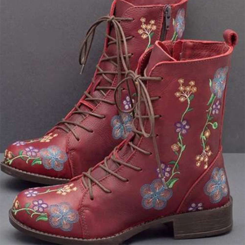 Independent Station Foreign Trade European and American Retro Printed Embroidered Martin Boots Women's Color-matching Single Boots Fashion Ethnic Style Short Boots - Image 3