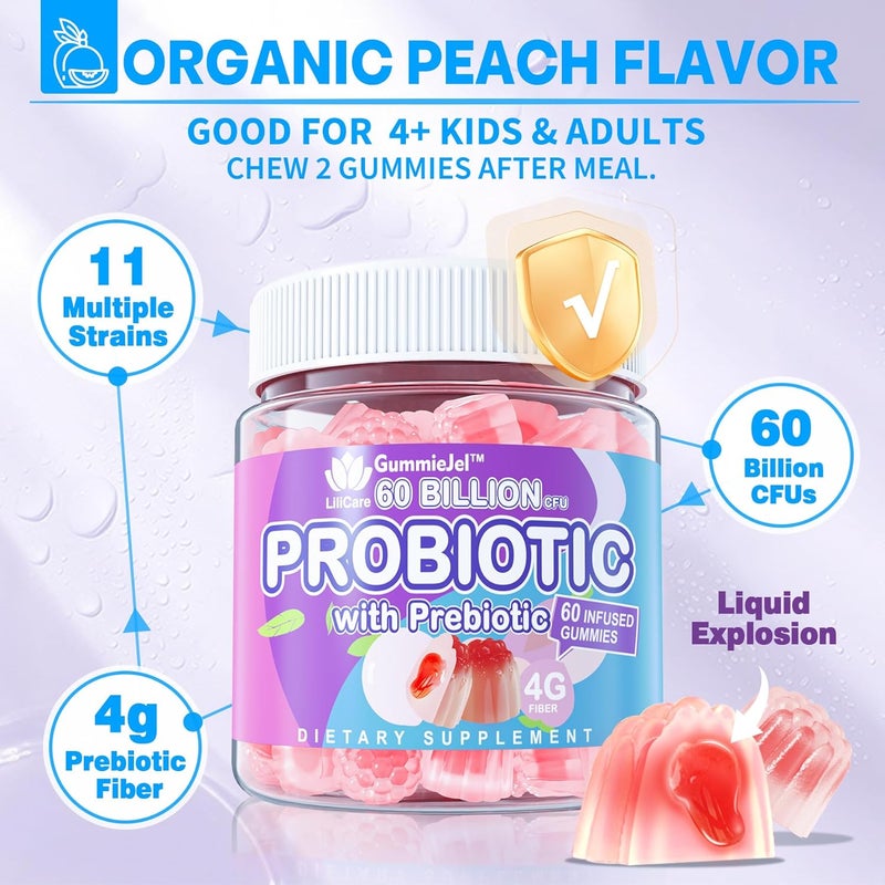 EnvyDeal Sugar Free Probiotic Gummies 60 Billion CFU 11 Strains with Prebiotics Fiber Probiotics Filled Gummies for Women Men Digestive Health Peach Flavor Supports Constipation Diarrhea Gas  Bloating - Image 3