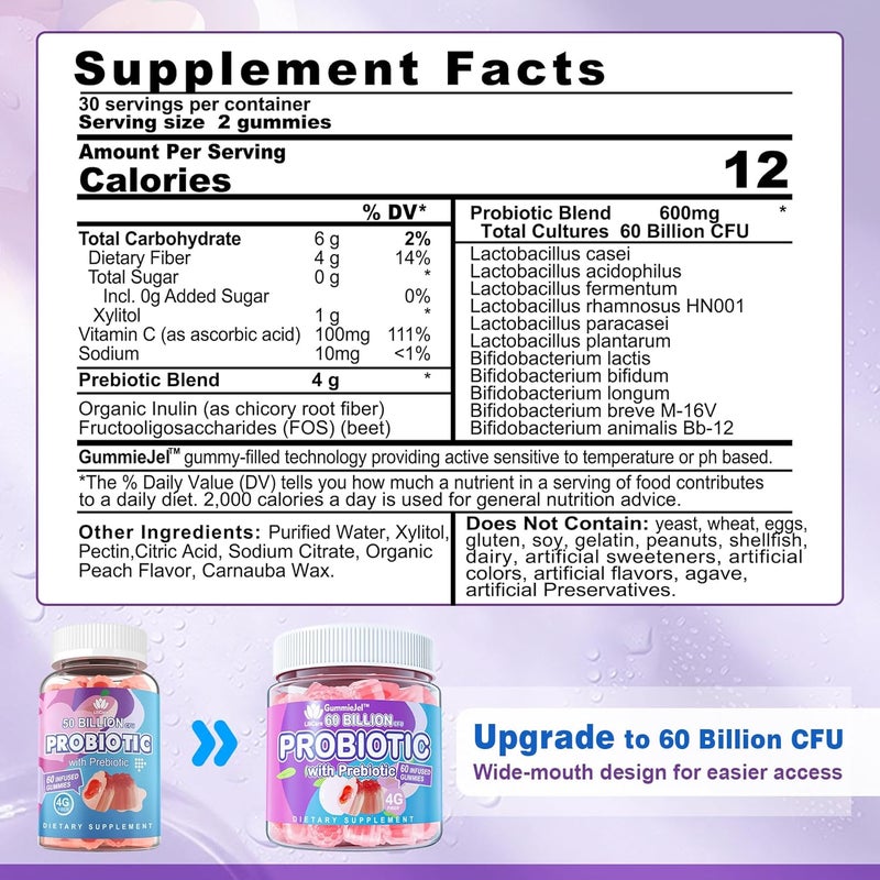 EnvyDeal Sugar Free Probiotic Gummies 60 Billion CFU 11 Strains with Prebiotics Fiber Probiotics Filled Gummies for Women Men Digestive Health Peach Flavor Supports Constipation Diarrhea Gas  Bloating - Image 2