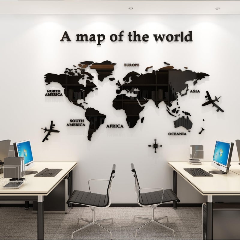 WINDIR 3D World Map Wall Stickers Decor Murals DIY Decal Black 71x40 inch, Acrylic Office Wall Art Decor Bedroom Living Room TV Wall (Black: 180x100 cm) Large - Image 1