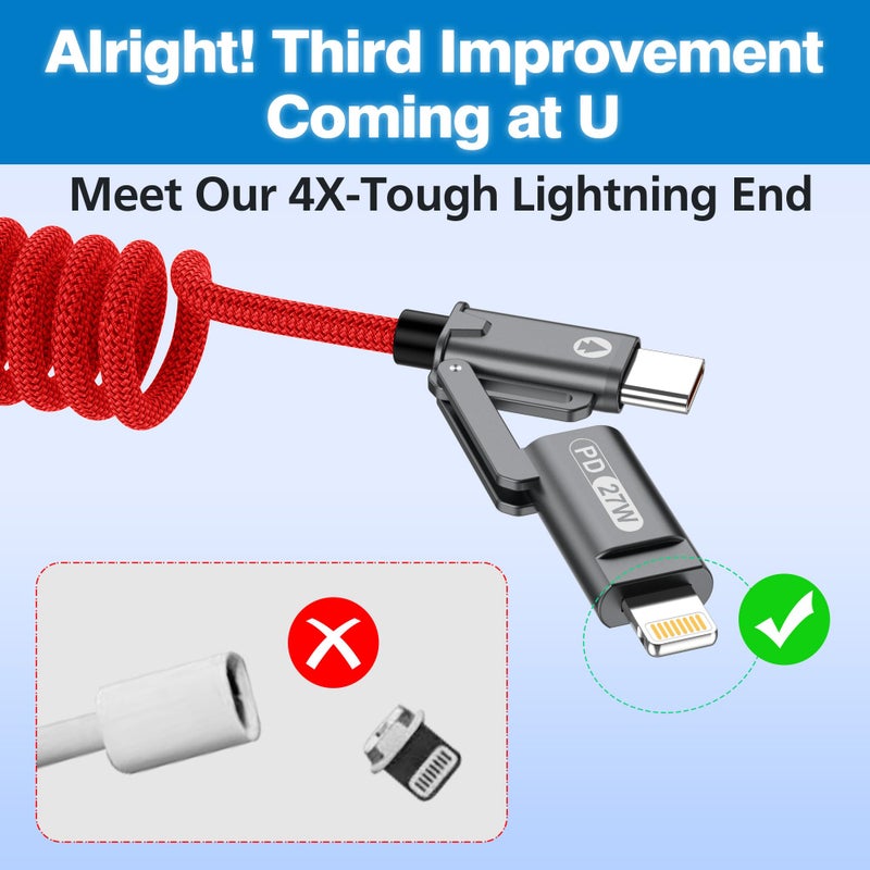 AGVEE 3ft 4-in-1 Coiled Multi USB C Charging Cable, Secure-Slide No-Loss Adapters, Slim Tips Fit Thick Cases, Lightning End Reinforced, PD 60W for iPhone Carplay, Samsung, iPad, Red - Image 4