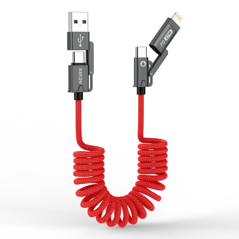 AGVEE 3ft 4-in-1 Coiled Multi USB C Charging Cable, Secure-Slide No-Loss Adapters, Slim Tips Fit Thick Cases, Lightning End Reinforced, PD 60W for iPhone Carplay, Samsung, iPad, Red - Image 1
