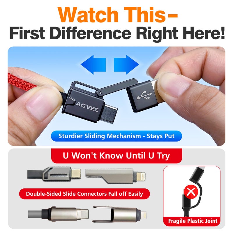 AGVEE 3ft 4-in-1 Coiled Multi USB C Charging Cable, Secure-Slide No-Loss Adapters, Slim Tips Fit Thick Cases, Lightning End Reinforced, PD 60W for iPhone Carplay, Samsung, iPad, Red - Image 2