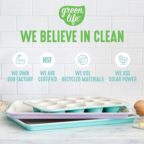 GreenLife 13" x 9" Quarter Sheet Baking Pans, 2 Piece Bakeware Set, PFAS-Free Ceramic Nonstick Rectangular Cookie Trays, Oven Safe to 450°F, Even Heating, Easy Clean Ovenware, Turquoise - Image 3