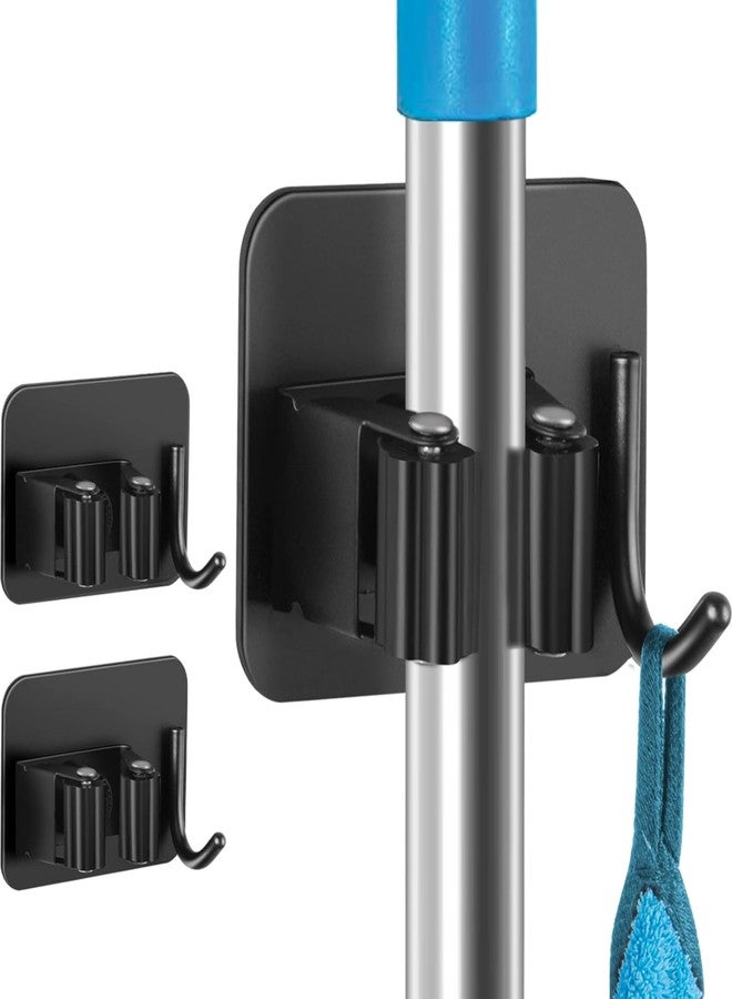Boniry Adhesive Mop Holder and Broom Holder Wall Mounted Steel | Broom Stick Holder Wall Mounted for Home No Drilling (3, Black) - Image 1